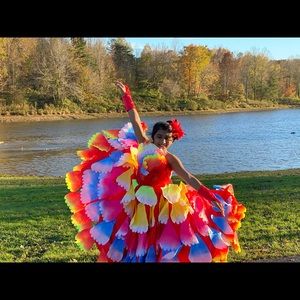 Girls Rainbow  Flamenco Dancer costume for Halloween with gloves and headpiece